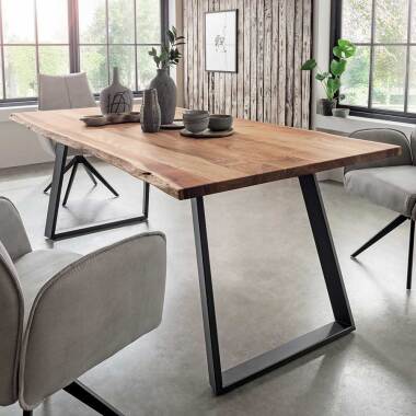 Baumtisch & Esszimmer Tisch aus Akazie Massivholz Metall Bügelgestell