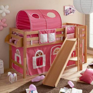 Kinderzimmer Rutschbett aus Buche Massivholz Rutsche und Vorhang in Pink
