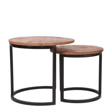 Runder Couchtisch & Zweisatztisch aus Mangobaum Massivholz und Metall rund