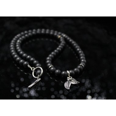 Schwarz Lava Perlen Kette Männer Frauen Blatt Anhänger Beziehungs Geschenk