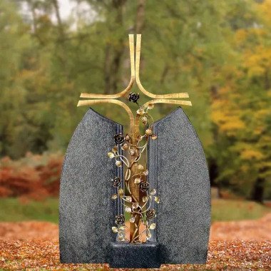 Bronze Grabkreuz mit Rosenranke Doppelgrabstein Granit