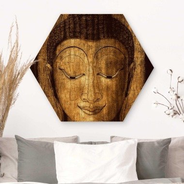 Hexagon-Holzbild Smiling Buddha