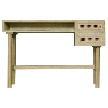 Schreibtisch aus hellem Holz mit Fach und