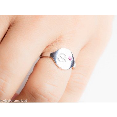 Silber Initial Ring Geburtsstein Schmuck Brief Custom Gestempelt Personalisierte