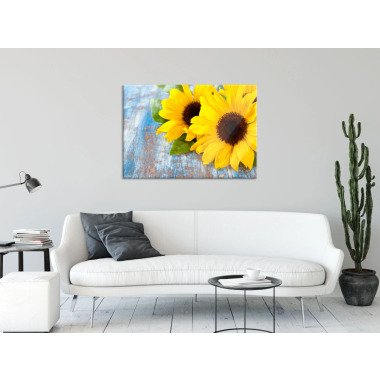 Sonnenblumen auf Holztisch, Glasbild Gre 80x60 cm