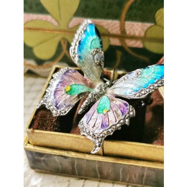 Art Nouveau Guilloche Emaille Brosche Schmetterling Blau Mit Markasiten