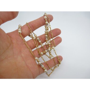 Christian Dior Halskette, Weiße Perlen Mit Straßsteinen, Goldfarbene