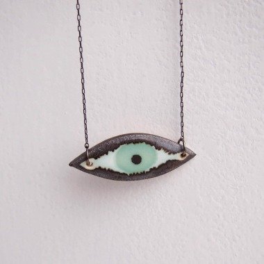 Handgemachte Türkise Keramik Augen Halskette, Statement Schmuck, Türkis