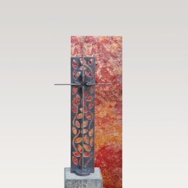 Urnengrabstein roter Travertin mit Bronze Kreuz Ornament Rosso Singolo