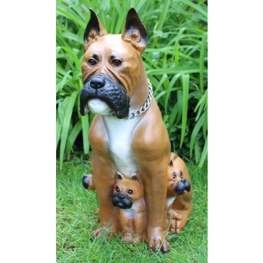 Deko Garten Figur Dekofigur Gartenfigur Tierfigur Hund Boxer mit drei Welpen