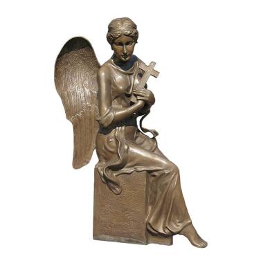 Grabfigur in Gold & Sitzender Engel als Grab Bronzefigur mit Kreuz Niara