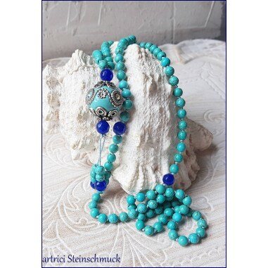 Handgeknüpfte Edelstein Mala Y-Kette Kashmiri Beads Türkis Howlith Jade