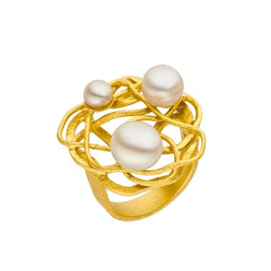 Perlenring Ausgefallenes Design in Echt Silber Vergoldet Mit Zuchtperlen