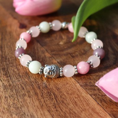 Armband Mit Buddhaperle Und Perlen Aus Kirschblütenjaspis, Amazonit Jade