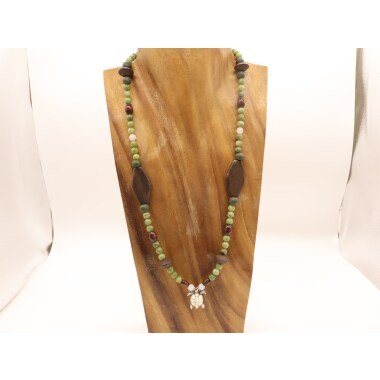 Halskette, Grüne Und Weiße Jadeperlen, Achatperle, Bergkristall, Holzperlen