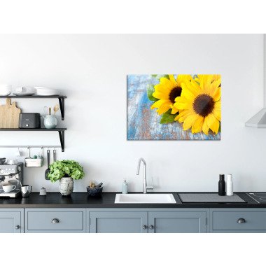 Sonnenblumen auf Holztisch, Glasbild Gre 100x70 cm