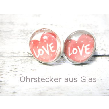 Glasschmuck aus Glas & Liebe Herz Ohrringe Weiß Rosa, Emaille Ohrstecker
