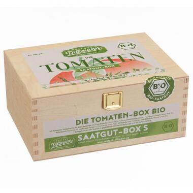 Keimzeit Saatgut & Saatgut-Holzbox Tomaten, 7 BIO-Saatgut-Sorten