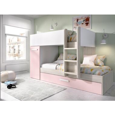 Etagenbett Ausziehbett mit Stauraum - 3x 90 x 190 cm - Weiß, Naturfarben & Rosa 