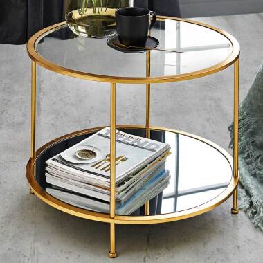 Runder Sofa Tisch aus Stahl in Goldfarben Spiegelglasplatten