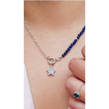 Silberkette Halskette Mit Lapislazuli Perlen Und Einem Stern Mondstein