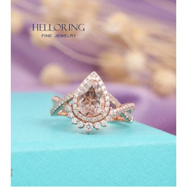 Morganit Verlobungsring, Pear Cut Vintage Rose Gold Halo Diamant Twisted