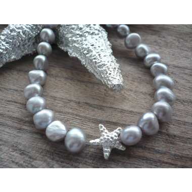 Perlenschmuck aus Metall & Süßwasser Perlenband Mit Echt Silber Seestern
