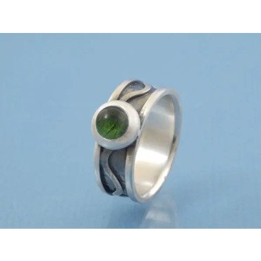 Ring Silber Mit Grünem Turmalin + Welle Sterlingsilber, Handgefertigt