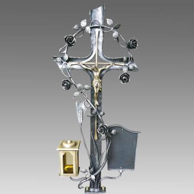Grablicht & Schmiedeeisen Grabkreuz mit Rosenranke, Jesus & Grablaterne Zelindo