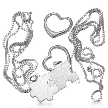 Herz Puzzle Love Liebe 925 Silber 4 X Anhänger 2 Kette Gravur Partner-Schmuck