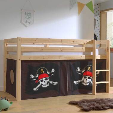 Piraten Bett aus Kiefer Massivholz lackiert Vorhang Set