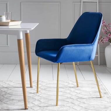 Samt Esstisch Stühle in Blau Metallgestell in Goldfarben (2er Set)