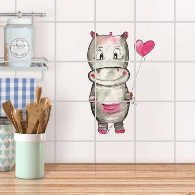 Klebefliesen für Küche & Bad Design: Nilpferd mit Herz 15x15 cm