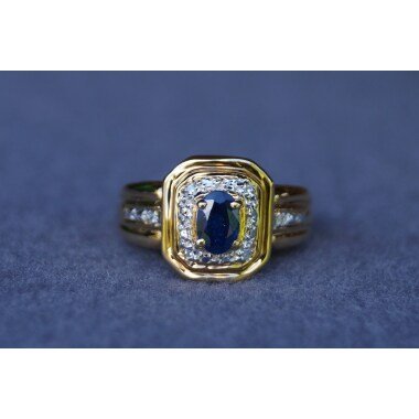 Vintage Ring, Gelbgold 750/ Gestempelt, Ringweite 54, Saphir 6x4mm, 6 Diamante