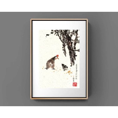 Wandregal Würfel in Schwarz & Hähnchen China Japan Tusche Malerei Sumi-E