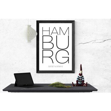 Poster Hamburg, Koordinaten, Spruch, Bild, Wandbild, Foto, Rahmen, Deko