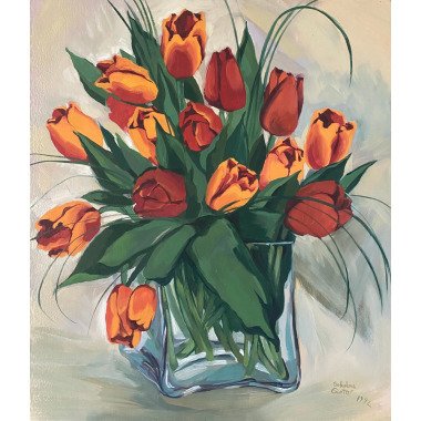 Tulpenstrauß 49x42 cm, Ölfarbe Auf Karton, Original Handarbeit, Malerei