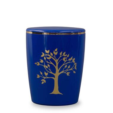 Ausgefallene Bioascheurne mit Baum Motiv kaufen Lebensbaum / Gold / Blau