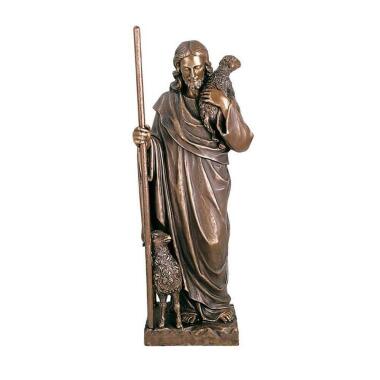 Jesus Bronzefigur mit Schafen und Hirtenstab Guter Hirte / Bronze braun