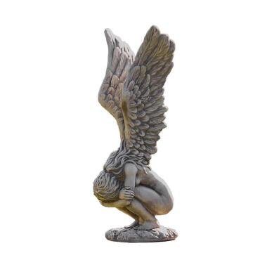 Hockende Grabfigur Engel aus Steinguss Mercuria / 114cm Höhe / Antikgrau