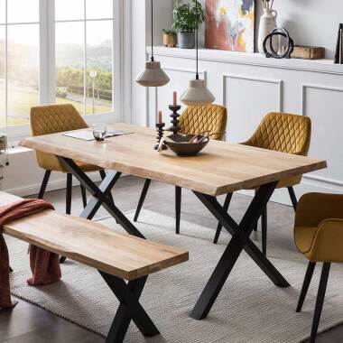 Holzküchentisch aus Eiche & Baumkantentisch aus Eiche Massivholz und Metall