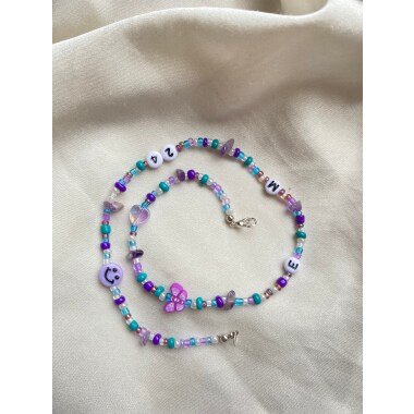 Perlenkette Purple Rain, Halskette Mit Perlen Und Smiley, Schmetterling