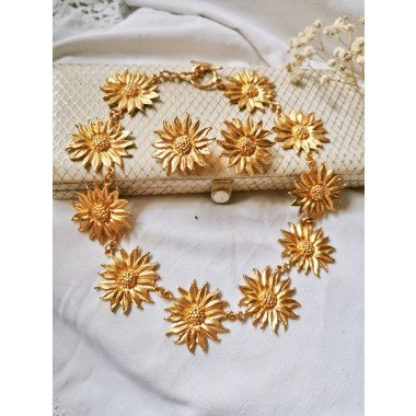 Sonnenblumen Schmuck Set Ohrclips & Collier Modeschmuck Gold Blüten Kette