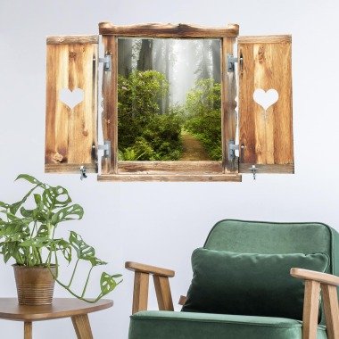 3D Wandtattoo Fenster mit Herz Nebliger Waldpfad