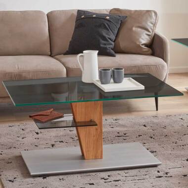 Naturholz-Tisch & Rechteckiger Design Couchtisch mit Rauchglasplatte höhenverstellbar