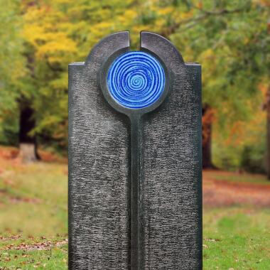 Grabstein mit Glas & Moderner Einzelgrabstein mit blauem Glas Symbol Spirale