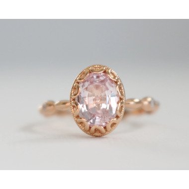 Ovaler Hellrosa Saphir Verlobungsring, Pfirsich Milgrained Diamant Ring