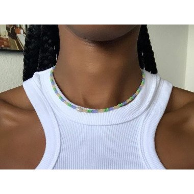 Perlenkette Mit Flieder, Grünen Und Orangen Saatperlen, Perlen Charm Halskette