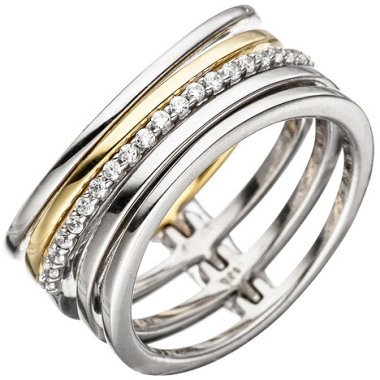SIGO Damen Ring mehrreihig breit 925 Silber bicolor vergoldet mit Zirkonia
