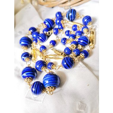 50Er Jahre Murano Kette Blau & Gold Italy Glas Lamp Work Necklace Blue